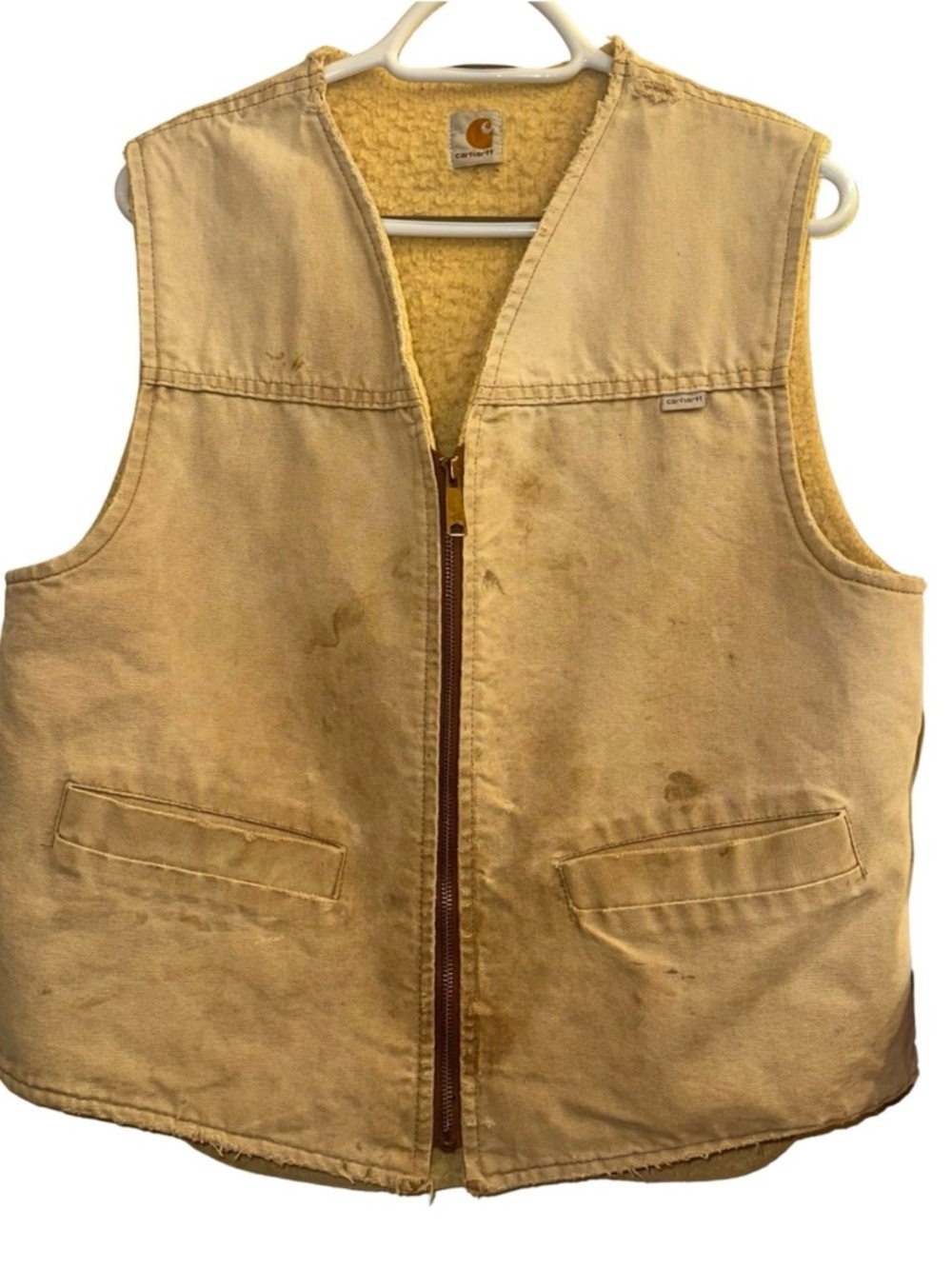 Carhartt Sherpa Lined Vintage Vest Sz L Duck Canvas Union Made USA Distressed